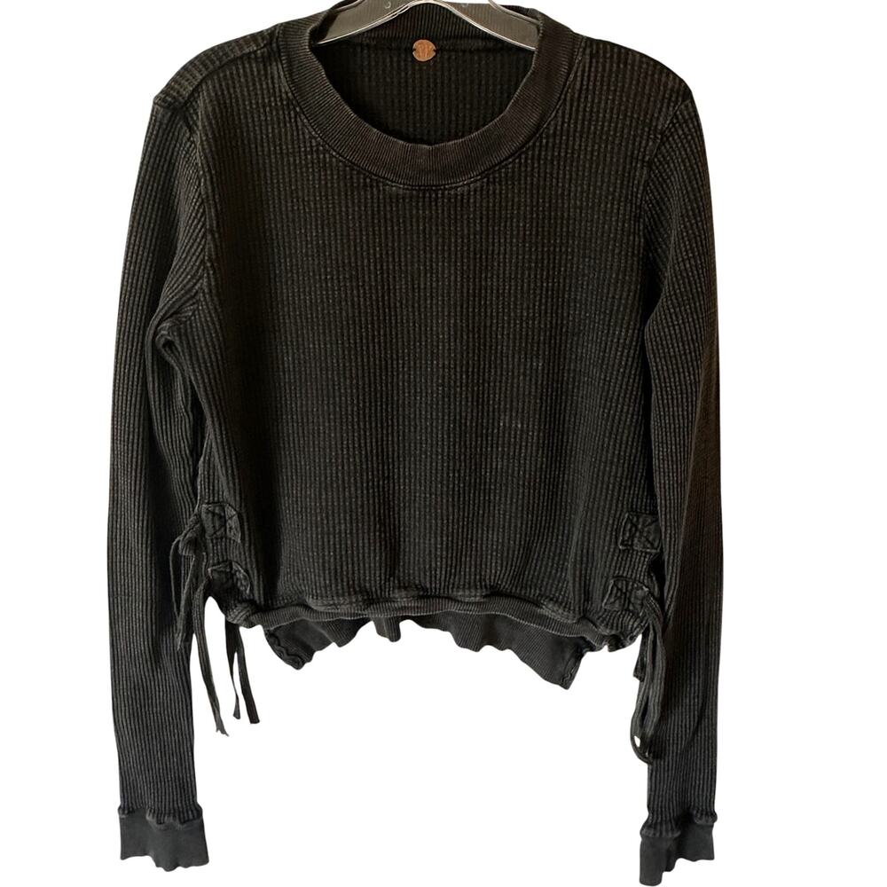 FP One Free People Interlaken Top Womens Large Black Boho Thermal Grunge Casual - Picture 2 of 11